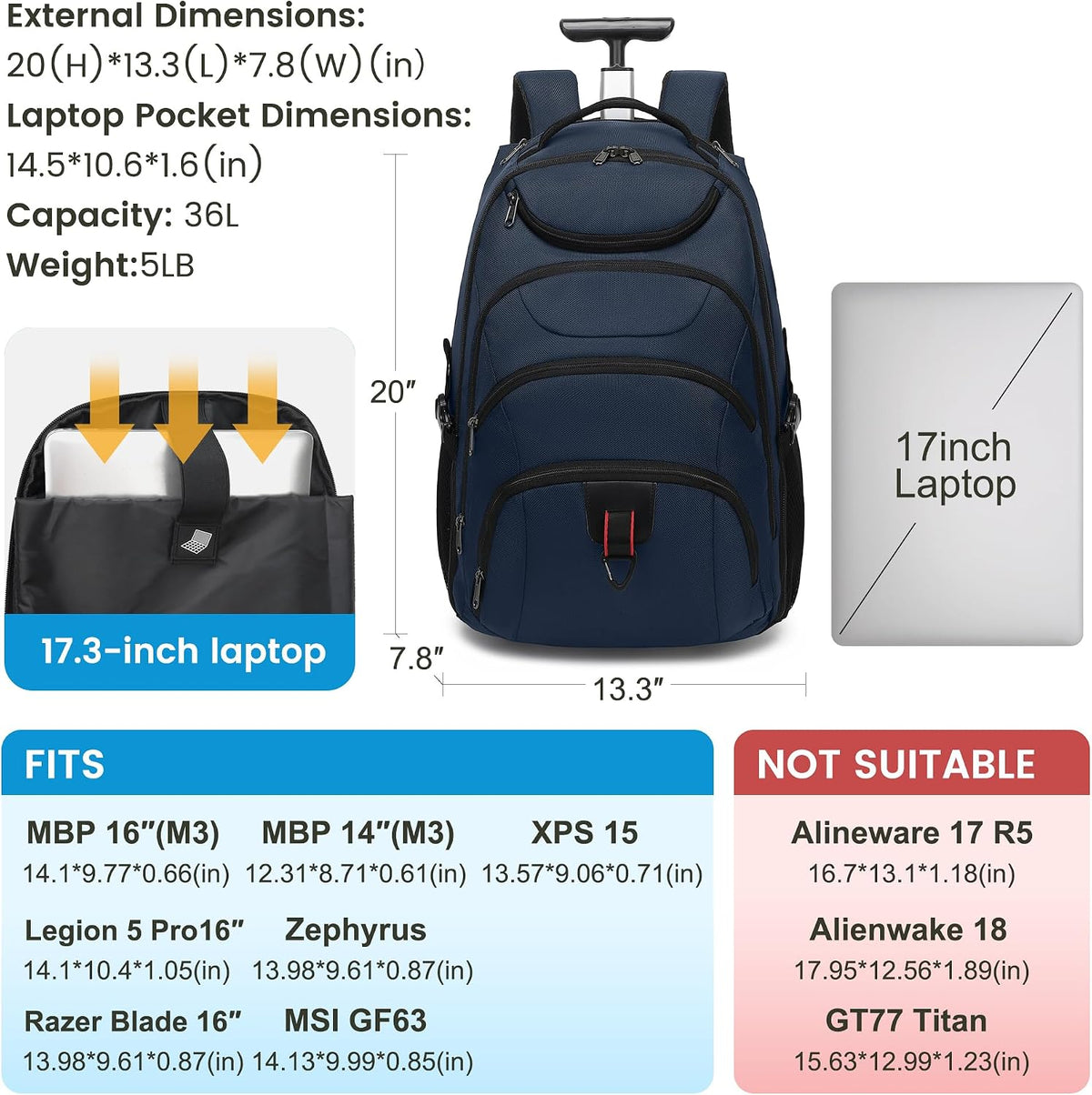 Rolling Backpack for Women, 17.3 Inch Wheeled Laptop Backpack,Large Travel Carry-On Bag for Teachers College Students, USB Charging Port Waterproof Business for Airplane Overnight Luggage，Pink