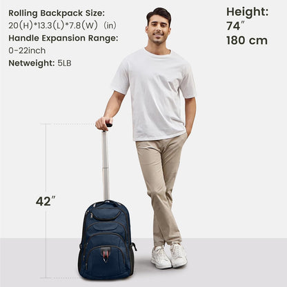 Rolling Backpack for Women, 17.3 Inch Wheeled Laptop Backpack,Large Travel Carry-On Bag for Teachers College Students, USB Charging Port Waterproof Business for Airplane Overnight Luggage，Pink