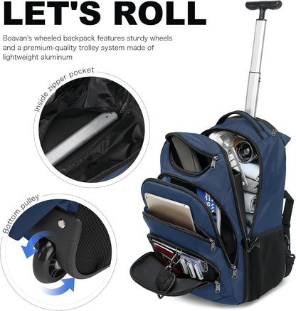 Rolling Backpack for Women, 17.3 Inch Wheeled Laptop Backpack,Large Travel Carry-On Bag for Teachers College Students, USB Charging Port Waterproof Business for Airplane Overnight Luggage，Pink