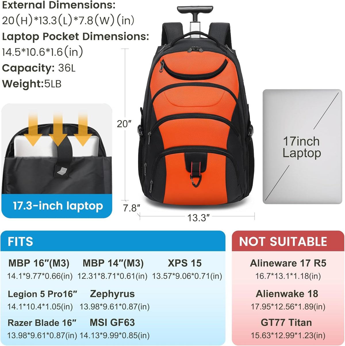 Rolling Backpack for Women, 17.3 Inch Wheeled Laptop Backpack,Large Travel Carry-On Bag for Teachers College Students, USB Charging Port Waterproof Business for Airplane Overnight Luggage，Pink