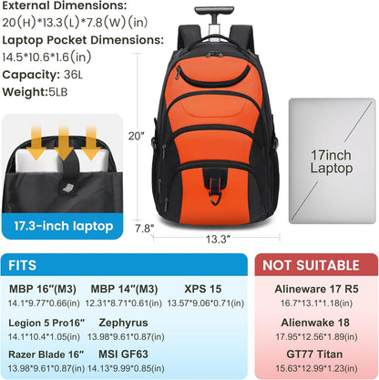 Rolling Backpack for Women, 17.3 Inch Wheeled Laptop Backpack,Large Travel Carry-On Bag for Teachers College Students, USB Charging Port Waterproof Business for Airplane Overnight Luggage，Pink