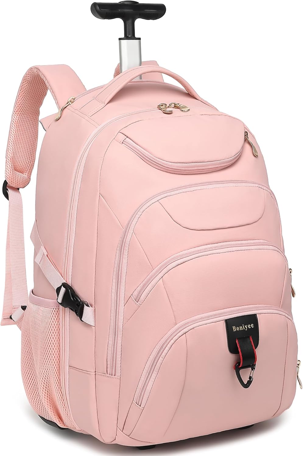 Rolling Backpack for Women, 17.3 Inch Wheeled Laptop Backpack,Large Travel Carry-On Bag for Teachers College Students, USB Charging Port Waterproof Business for Airplane Overnight Luggage，Pink