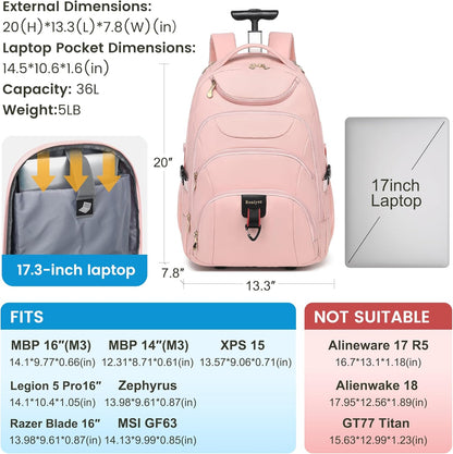 Rolling Backpack for Women, 17.3 Inch Wheeled Laptop Backpack,Large Travel Carry-On Bag for Teachers College Students, USB Charging Port Waterproof Business for Airplane Overnight Luggage，Pink