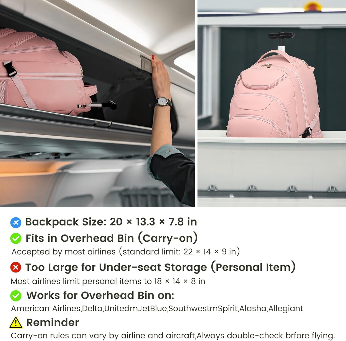 Rolling Backpack for Women, 17.3 Inch Wheeled Laptop Backpack,Large Travel Carry-On Bag for Teachers College Students, USB Charging Port Waterproof Business for Airplane Overnight Luggage，Pink