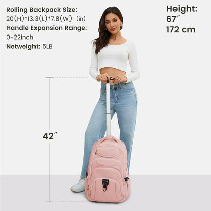 Rolling Backpack for Women, 17.3 Inch Wheeled Laptop Backpack,Large Travel Carry-On Bag for Teachers College Students, USB Charging Port Waterproof Business for Airplane Overnight Luggage，Pink