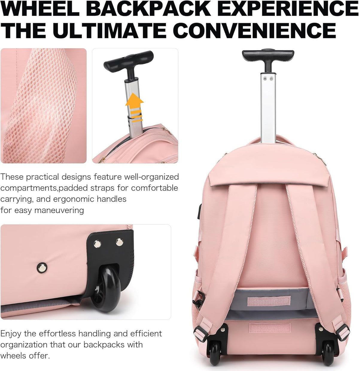 Rolling Backpack for Women, 17.3 Inch Wheeled Laptop Backpack,Large Travel Carry-On Bag for Teachers College Students, USB Charging Port Waterproof Business for Airplane Overnight Luggage，Pink