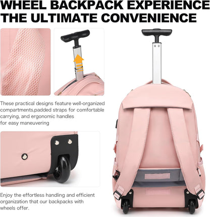 Rolling Backpack for Women, 17.3 Inch Wheeled Laptop Backpack,Large Travel Carry-On Bag for Teachers College Students, USB Charging Port Waterproof Business for Airplane Overnight Luggage，Pink