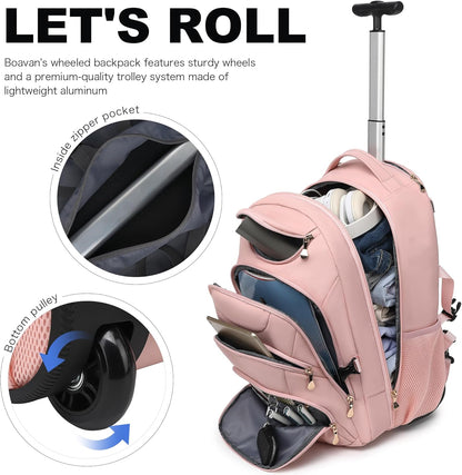 Rolling Backpack for Women, 17.3 Inch Wheeled Laptop Backpack,Large Travel Carry-On Bag for Teachers College Students, USB Charging Port Waterproof Business for Airplane Overnight Luggage，Pink