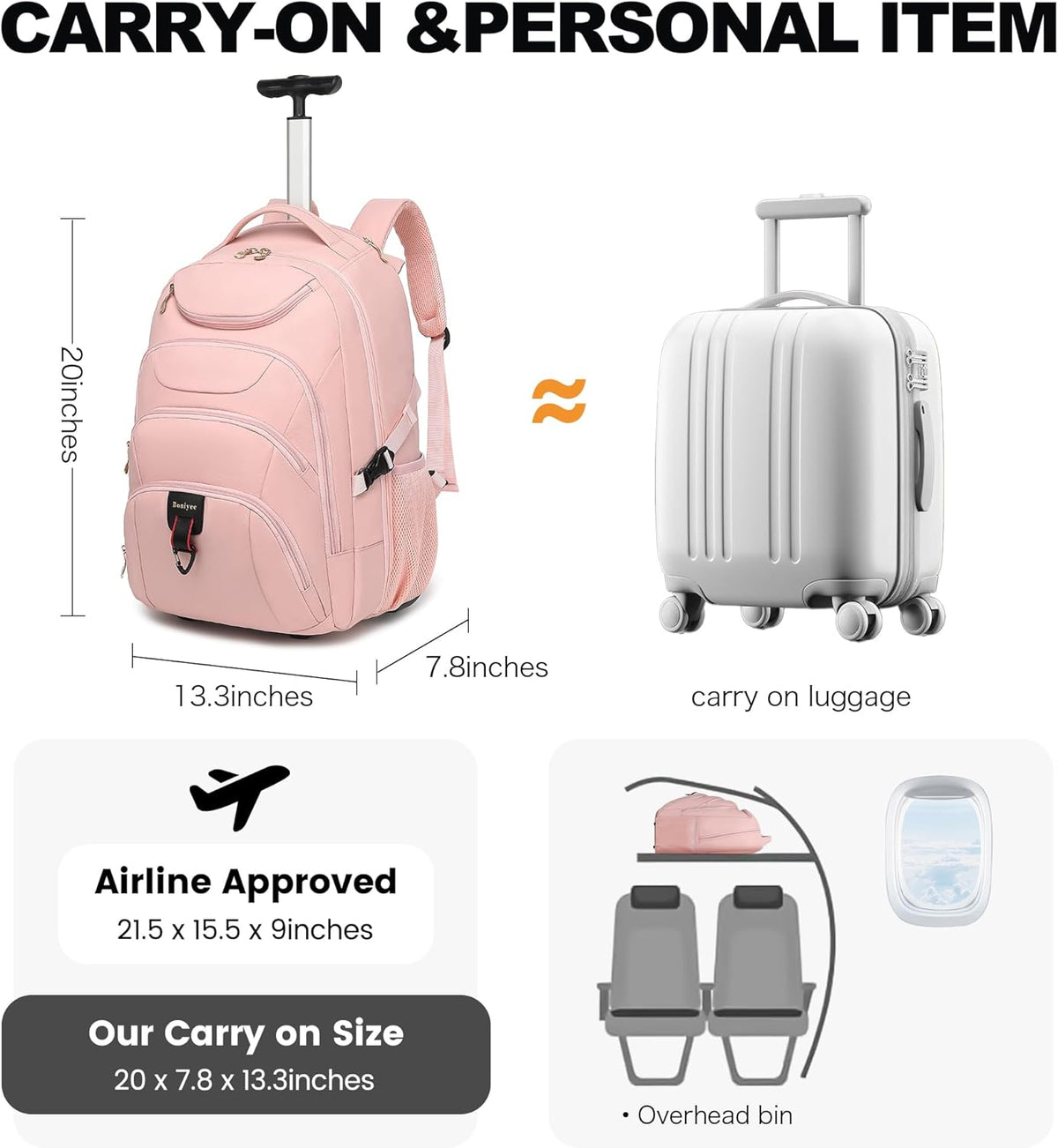 Rolling Backpack for Women, 17.3 Inch Wheeled Laptop Backpack,Large Travel Carry-On Bag for Teachers College Students, USB Charging Port Waterproof Business for Airplane Overnight Luggage，Pink