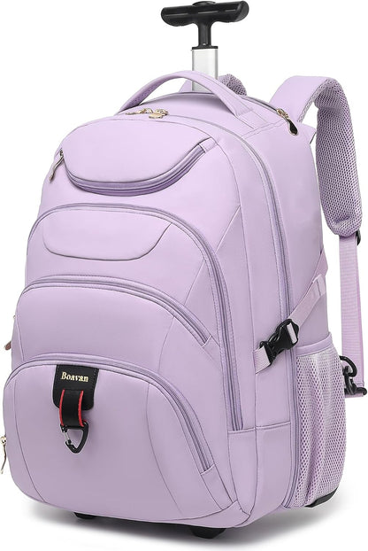 Rolling Backpack for Women, 17.3 Inch Wheeled Laptop Backpack,Large Travel Carry-On Bag for Teachers College Students, USB Charging Port Waterproof Business for Airplane Overnight Luggage，Pink