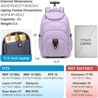 Rolling Backpack for Women, 17.3 Inch Wheeled Laptop Backpack,Large Travel Carry-On Bag for Teachers College Students, USB Charging Port Waterproof Business for Airplane Overnight Luggage，Pink