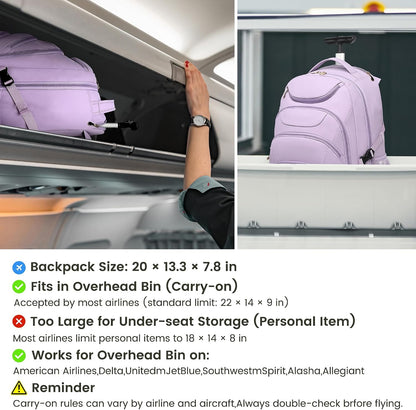 Rolling Backpack for Women, 17.3 Inch Wheeled Laptop Backpack,Large Travel Carry-On Bag for Teachers College Students, USB Charging Port Waterproof Business for Airplane Overnight Luggage，Pink