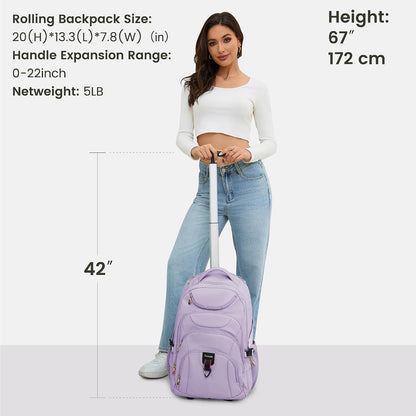 Rolling Backpack for Women, 17.3 Inch Wheeled Laptop Backpack,Large Travel Carry-On Bag for Teachers College Students, USB Charging Port Waterproof Business for Airplane Overnight Luggage，Pink