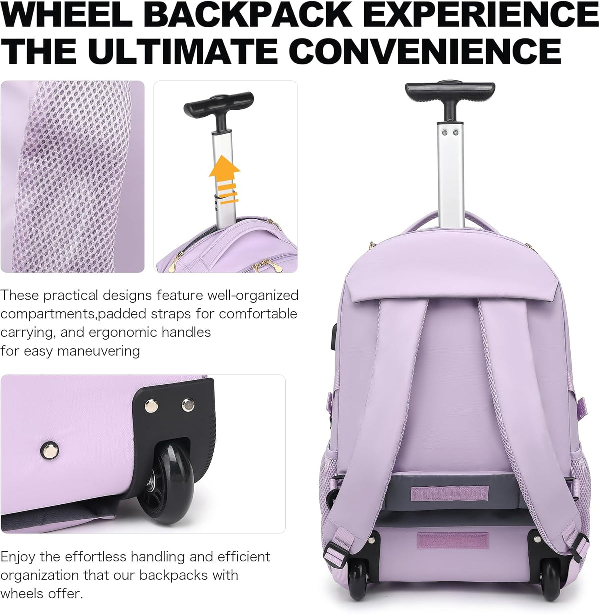 Rolling Backpack for Women, 17.3 Inch Wheeled Laptop Backpack,Large Travel Carry-On Bag for Teachers College Students, USB Charging Port Waterproof Business for Airplane Overnight Luggage，Pink