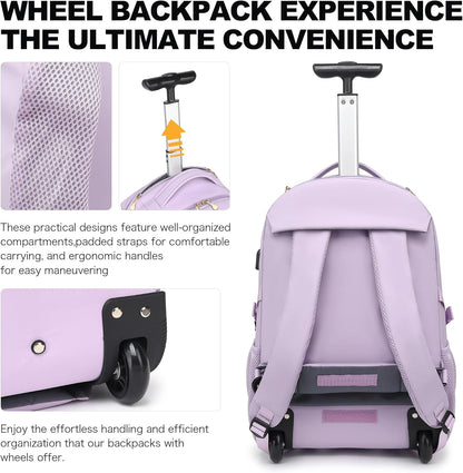 Rolling Backpack for Women, 17.3 Inch Wheeled Laptop Backpack,Large Travel Carry-On Bag for Teachers College Students, USB Charging Port Waterproof Business for Airplane Overnight Luggage，Pink