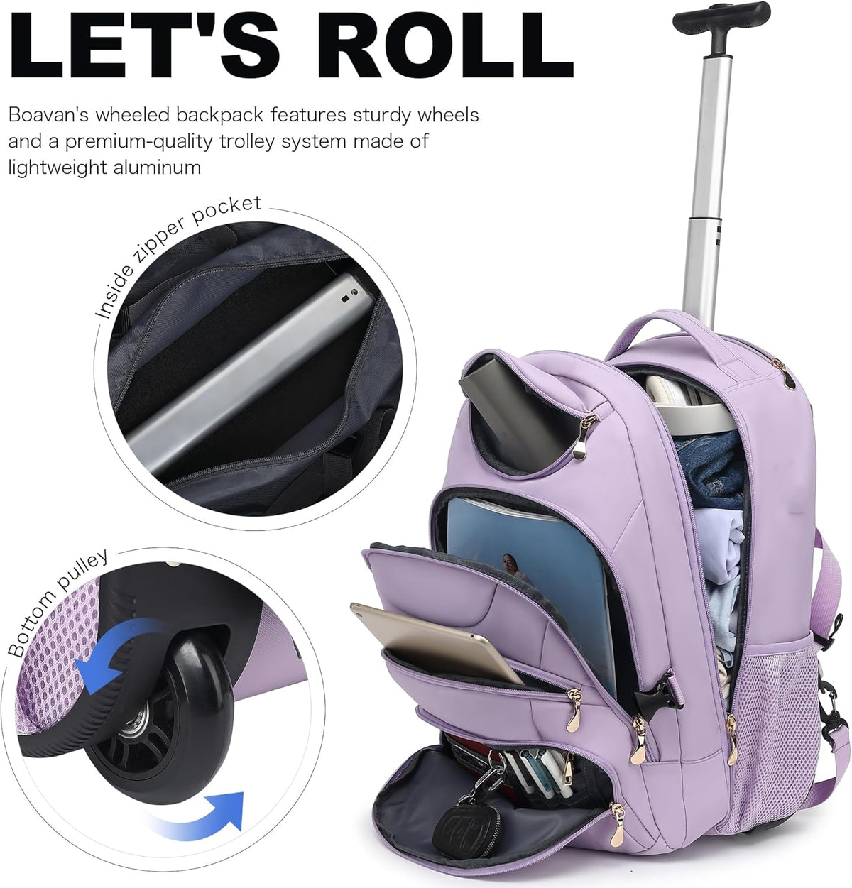 Rolling Backpack for Women, 17.3 Inch Wheeled Laptop Backpack,Large Travel Carry-On Bag for Teachers College Students, USB Charging Port Waterproof Business for Airplane Overnight Luggage，Pink