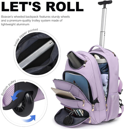 Rolling Backpack for Women, 17.3 Inch Wheeled Laptop Backpack,Large Travel Carry-On Bag for Teachers College Students, USB Charging Port Waterproof Business for Airplane Overnight Luggage，Pink