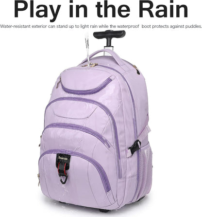 Rolling Backpack for Women, 17.3 Inch Wheeled Laptop Backpack,Large Travel Carry-On Bag for Teachers College Students, USB Charging Port Waterproof Business for Airplane Overnight Luggage，Pink