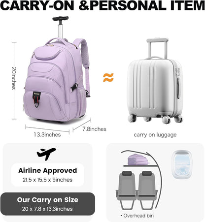 Rolling Backpack for Women, 17.3 Inch Wheeled Laptop Backpack,Large Travel Carry-On Bag for Teachers College Students, USB Charging Port Waterproof Business for Airplane Overnight Luggage，Pink