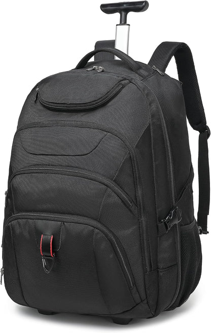 Rolling Backpack for Women, 17.3 Inch Wheeled Laptop Backpack,Large Travel Carry-On Bag for Teachers College Students, USB Charging Port Waterproof Business for Airplane Overnight Luggage，Pink