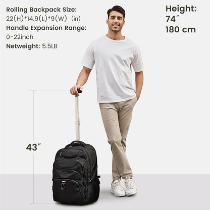 Rolling Backpack for Women, 17.3 Inch Wheeled Laptop Backpack,Large Travel Carry-On Bag for Teachers College Students, USB Charging Port Waterproof Business for Airplane Overnight Luggage，Pink