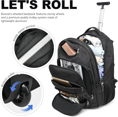 Rolling Backpack for Women, 17.3 Inch Wheeled Laptop Backpack,Large Travel Carry-On Bag for Teachers College Students, USB Charging Port Waterproof Business for Airplane Overnight Luggage，Pink