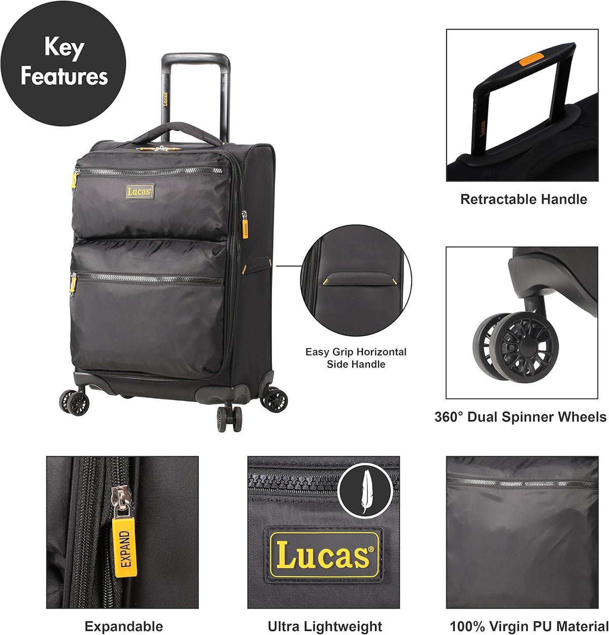Ultra Lightweight Carry On - Softside 22.8-inch Expandable Luggage - Small Rolling Bag Fits Most Airline Compartments - Durable 8-Spinner Wheels Suitcase (Black)