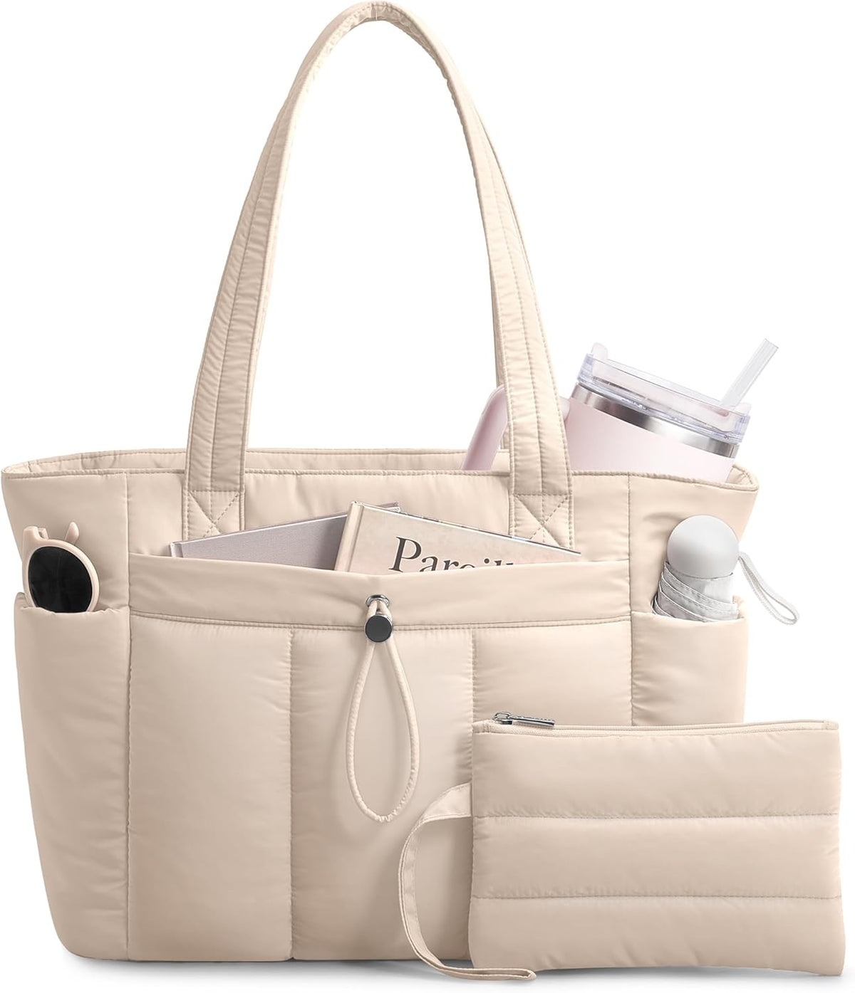 Puffy Tote Bag for Women with Cup Holder & Laptop Compartment & Cosmetic Bag & Trolley Sleeve for Work, Travel
