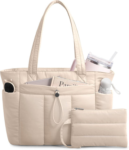 Puffy Tote Bag for Women with Cup Holder & Laptop Compartment & Cosmetic Bag & Trolley Sleeve for Work, Travel