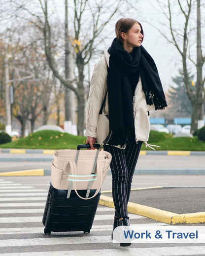Puffy Tote Bag for Women with Cup Holder & Laptop Compartment & Cosmetic Bag & Trolley Sleeve for Work, Travel