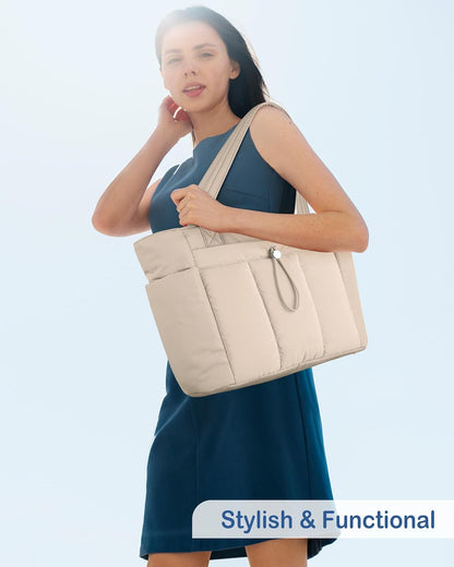 Puffy Tote Bag for Women with Cup Holder & Laptop Compartment & Cosmetic Bag & Trolley Sleeve for Work, Travel