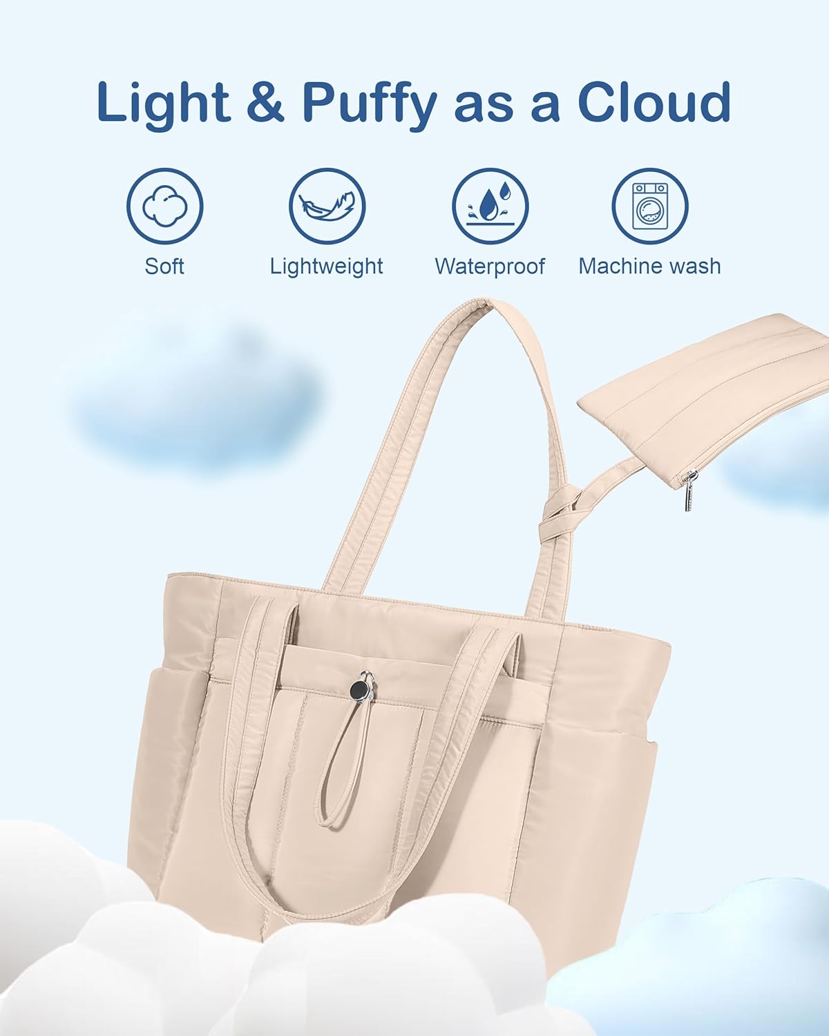 Puffy Tote Bag for Women with Cup Holder & Laptop Compartment & Cosmetic Bag & Trolley Sleeve for Work, Travel