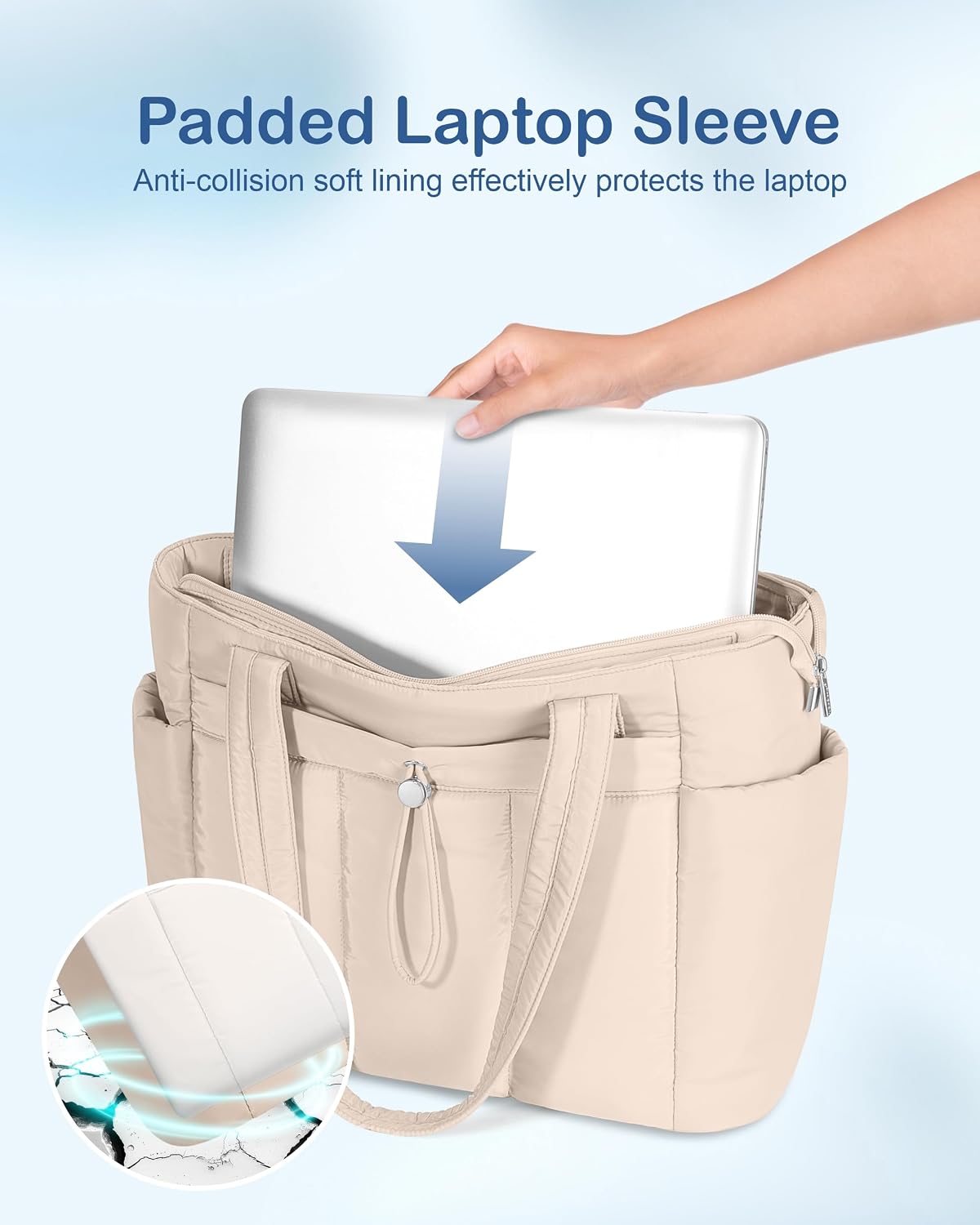 Puffy Tote Bag for Women with Cup Holder & Laptop Compartment & Cosmetic Bag & Trolley Sleeve for Work, Travel