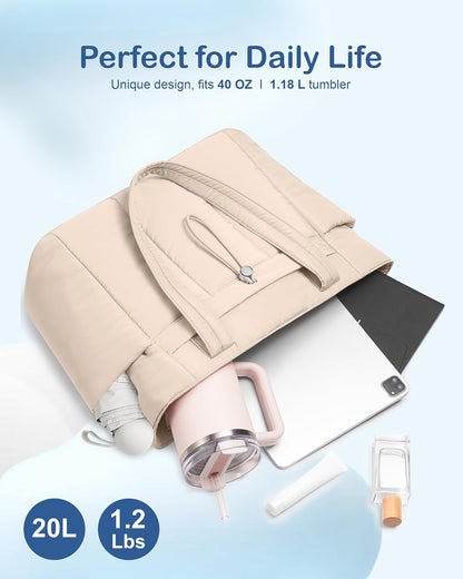 Puffy Tote Bag for Women with Cup Holder & Laptop Compartment & Cosmetic Bag & Trolley Sleeve for Work, Travel