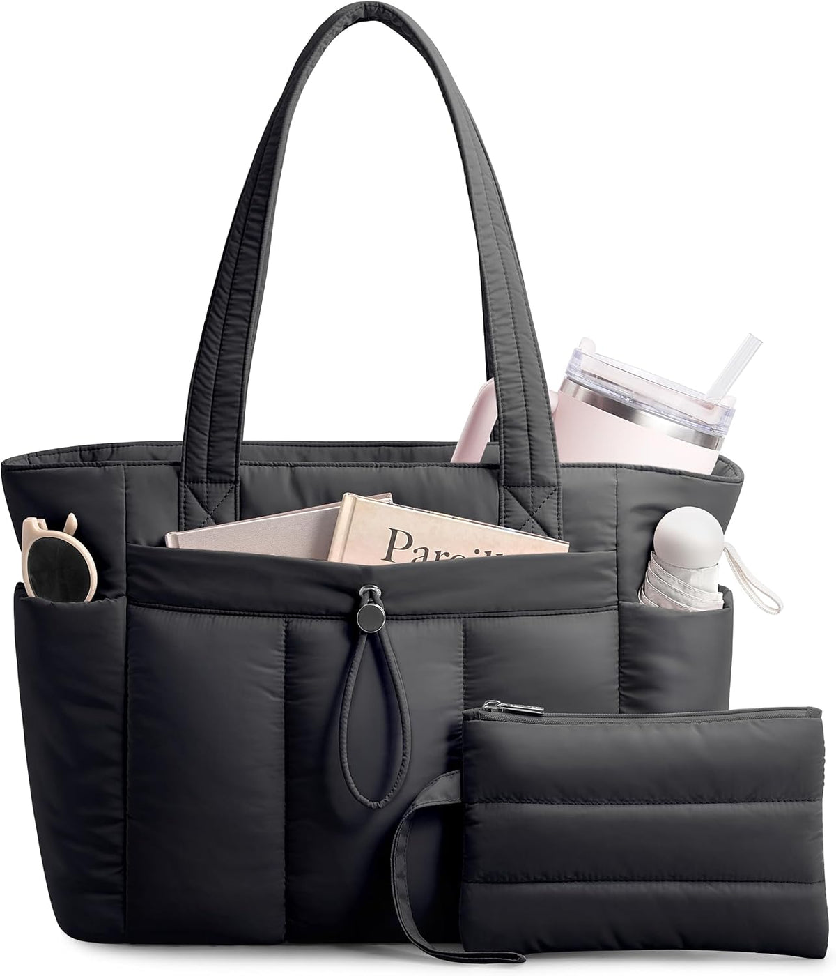 Puffy Tote Bag for Women with Cup Holder & Laptop Compartment & Cosmetic Bag & Trolley Sleeve for Work, Travel