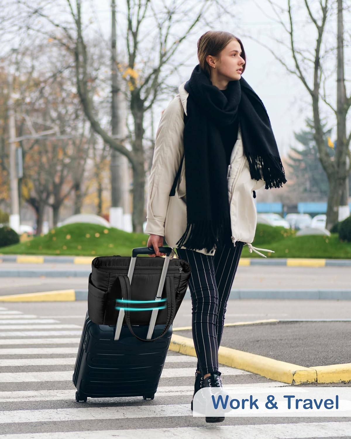 Puffy Tote Bag for Women with Cup Holder & Laptop Compartment & Cosmetic Bag & Trolley Sleeve for Work, Travel