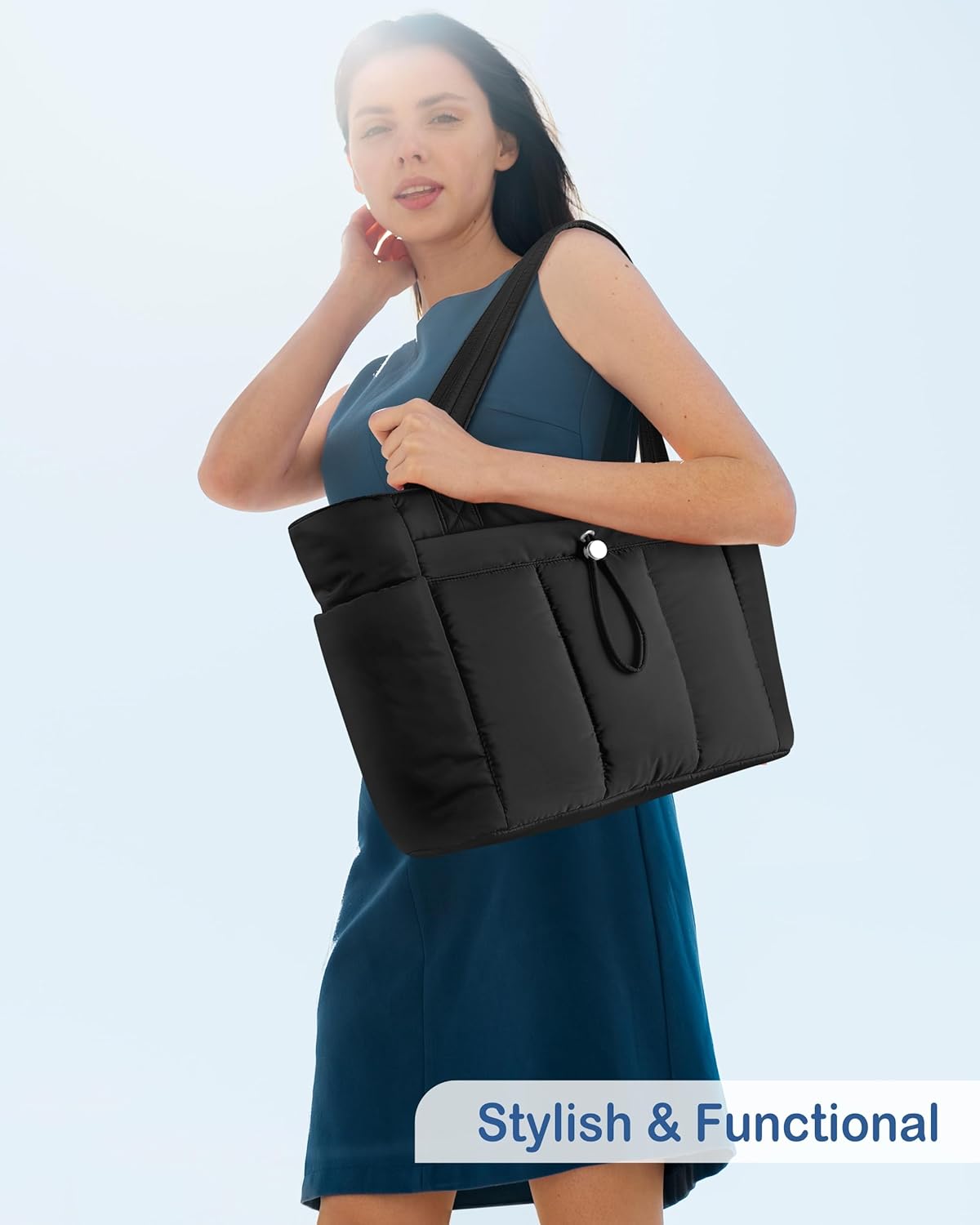 Puffy Tote Bag for Women with Cup Holder & Laptop Compartment & Cosmetic Bag & Trolley Sleeve for Work, Travel
