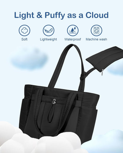 Puffy Tote Bag for Women with Cup Holder & Laptop Compartment & Cosmetic Bag & Trolley Sleeve for Work, Travel