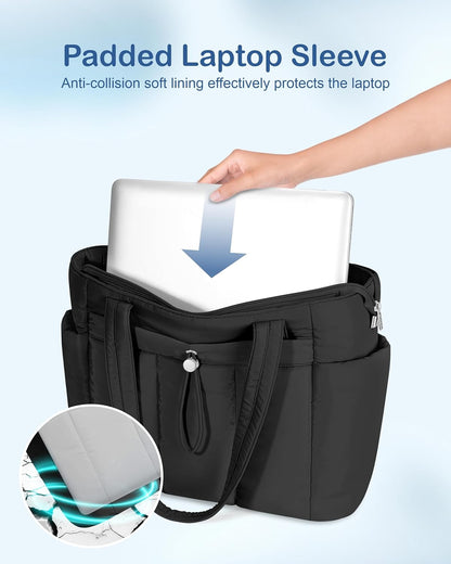 Puffy Tote Bag for Women with Cup Holder & Laptop Compartment & Cosmetic Bag & Trolley Sleeve for Work, Travel