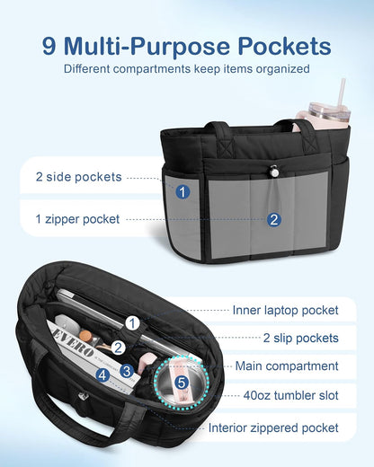 Puffy Tote Bag for Women with Cup Holder & Laptop Compartment & Cosmetic Bag & Trolley Sleeve for Work, Travel