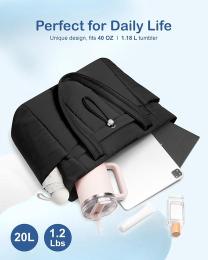 Puffy Tote Bag for Women with Cup Holder & Laptop Compartment & Cosmetic Bag & Trolley Sleeve for Work, Travel