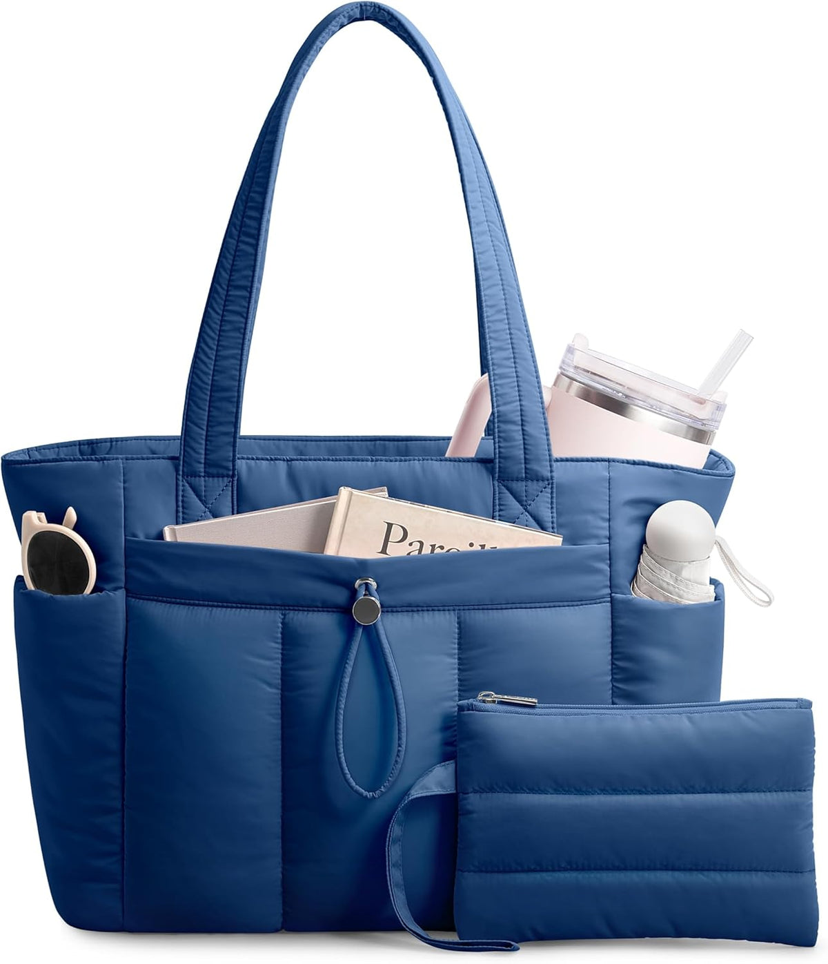 Puffy Tote Bag for Women with Cup Holder & Laptop Compartment & Cosmetic Bag & Trolley Sleeve for Work, Travel
