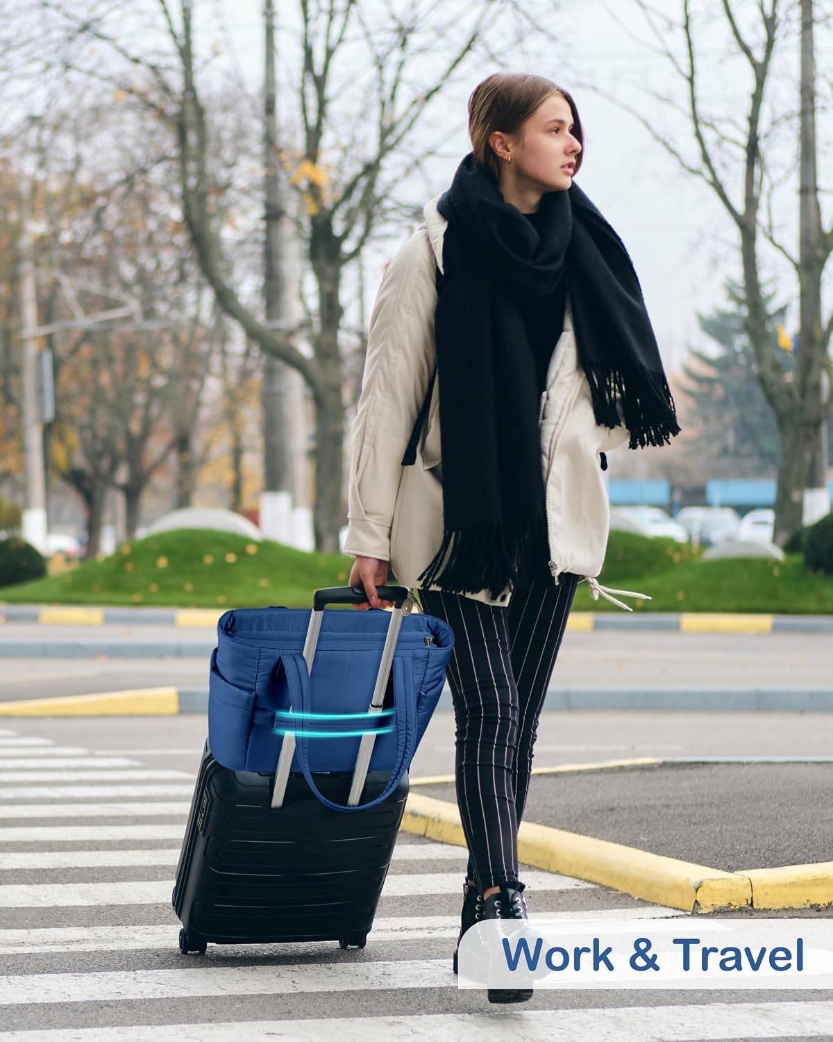 Puffy Tote Bag for Women with Cup Holder & Laptop Compartment & Cosmetic Bag & Trolley Sleeve for Work, Travel