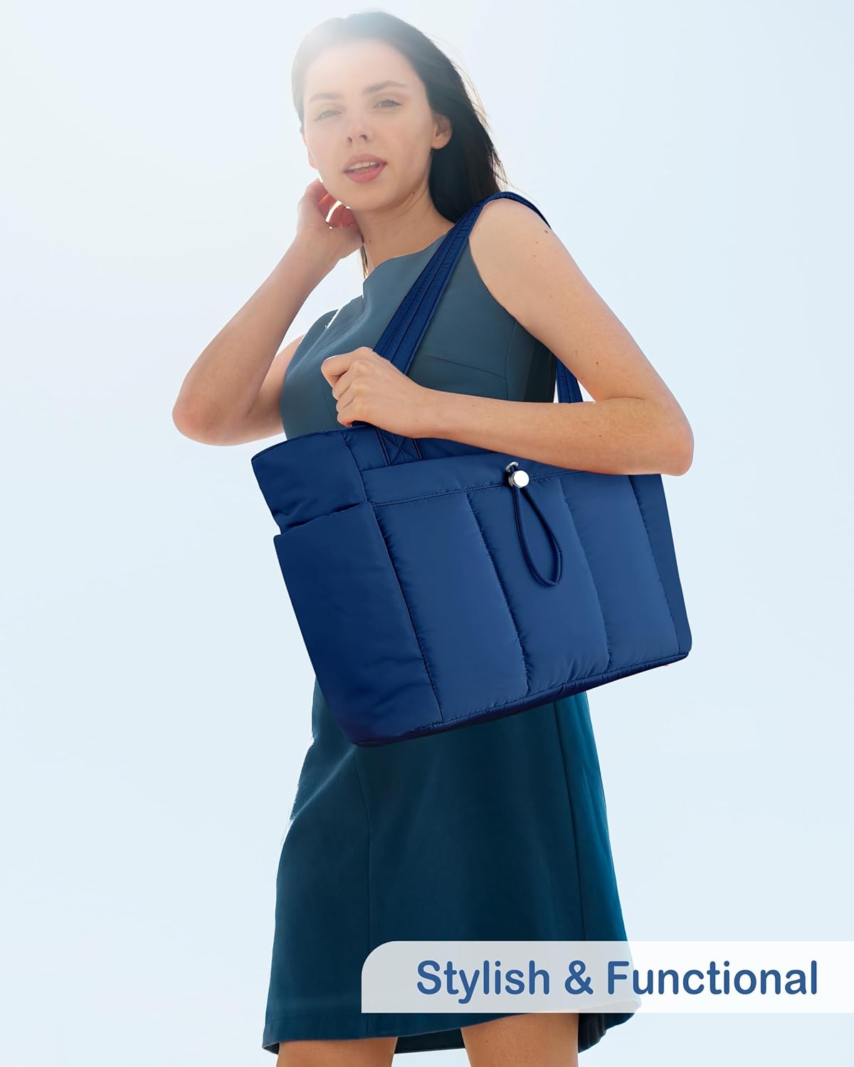 Puffy Tote Bag for Women with Cup Holder & Laptop Compartment & Cosmetic Bag & Trolley Sleeve for Work, Travel