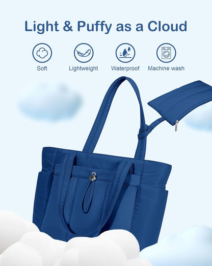 Puffy Tote Bag for Women with Cup Holder & Laptop Compartment & Cosmetic Bag & Trolley Sleeve for Work, Travel