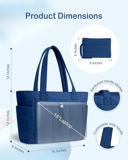 Puffy Tote Bag for Women with Cup Holder & Laptop Compartment & Cosmetic Bag & Trolley Sleeve for Work, Travel