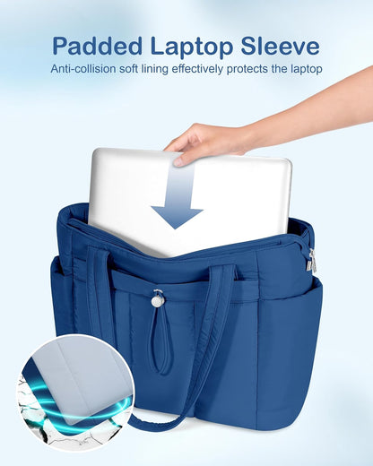 Puffy Tote Bag for Women with Cup Holder & Laptop Compartment & Cosmetic Bag & Trolley Sleeve for Work, Travel