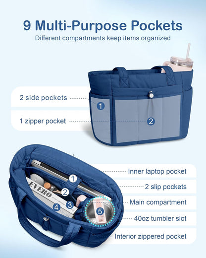 Puffy Tote Bag for Women with Cup Holder & Laptop Compartment & Cosmetic Bag & Trolley Sleeve for Work, Travel