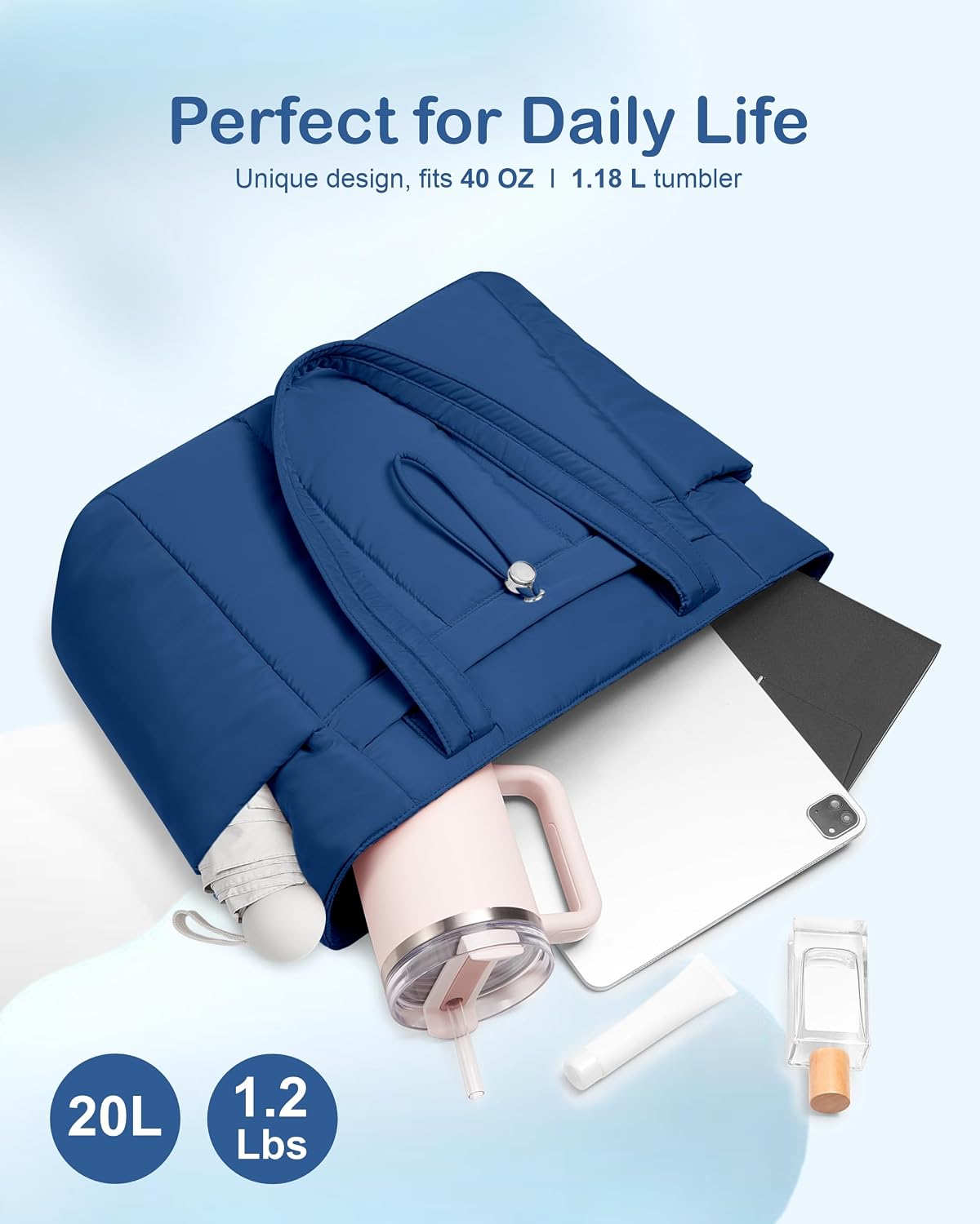 Puffy Tote Bag for Women with Cup Holder & Laptop Compartment & Cosmetic Bag & Trolley Sleeve for Work, Travel