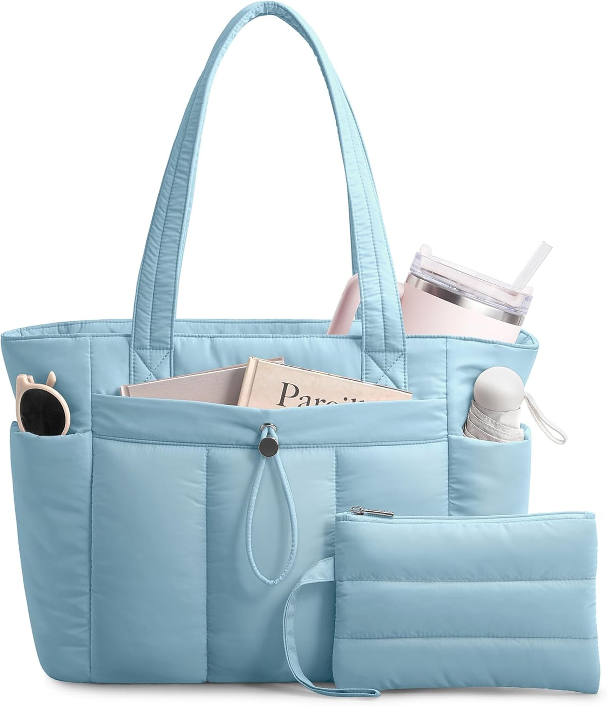 Puffy Tote Bag for Women with Cup Holder & Laptop Compartment & Cosmetic Bag & Trolley Sleeve for Work, Travel